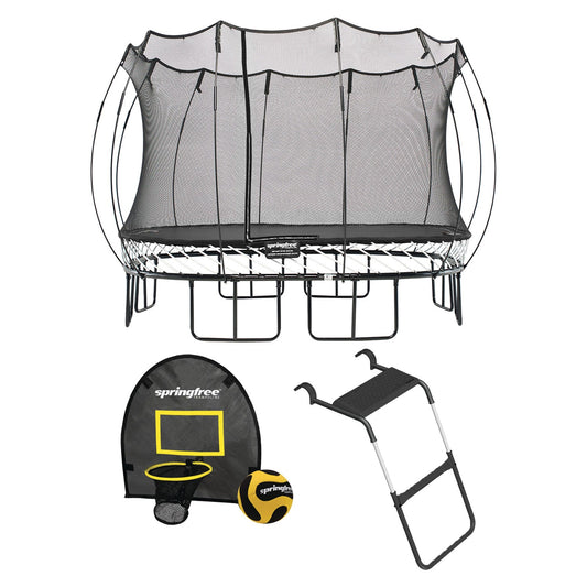 Springfree Outdoor Square 11 Foot Trampoline, Enclosure, Hoop Game, and Ladder - 215879