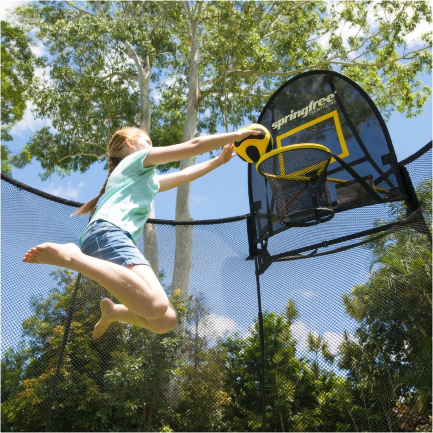 Springfree Outdoor Square 11 Foot Trampoline, Enclosure, Hoop Game, and Ladder - 215879