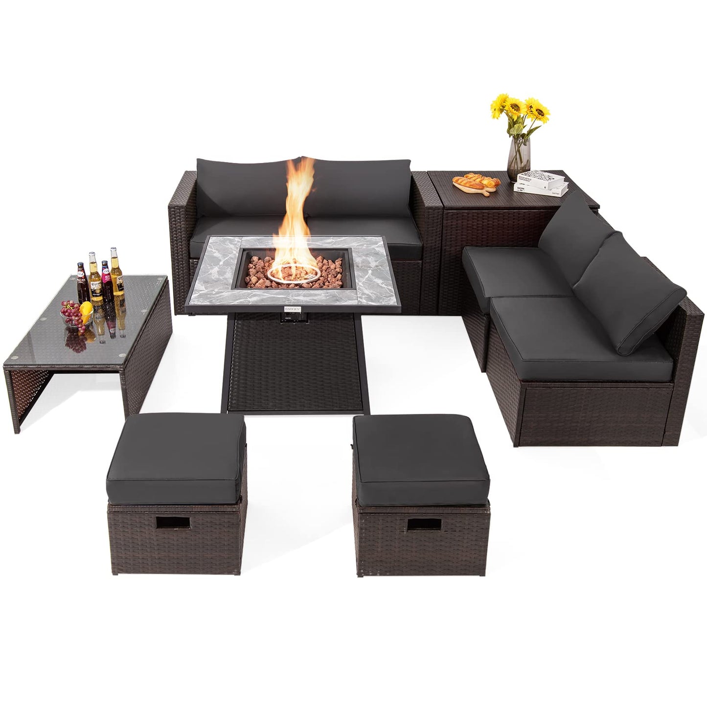 Tangkula 9 Pieces Outdoor Patio Furniture Set with 35-Inch Propane Fire Pit Table - NP10262DK+HW68592DK+