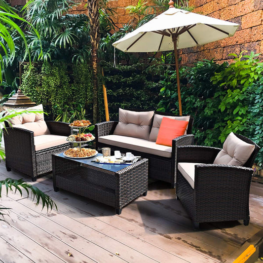 Tangkula 4-Piece Patio Furniture Set, Rattan Wicker Chair Set with 1 Loveseat, 2 Single Sofas - HW63217+