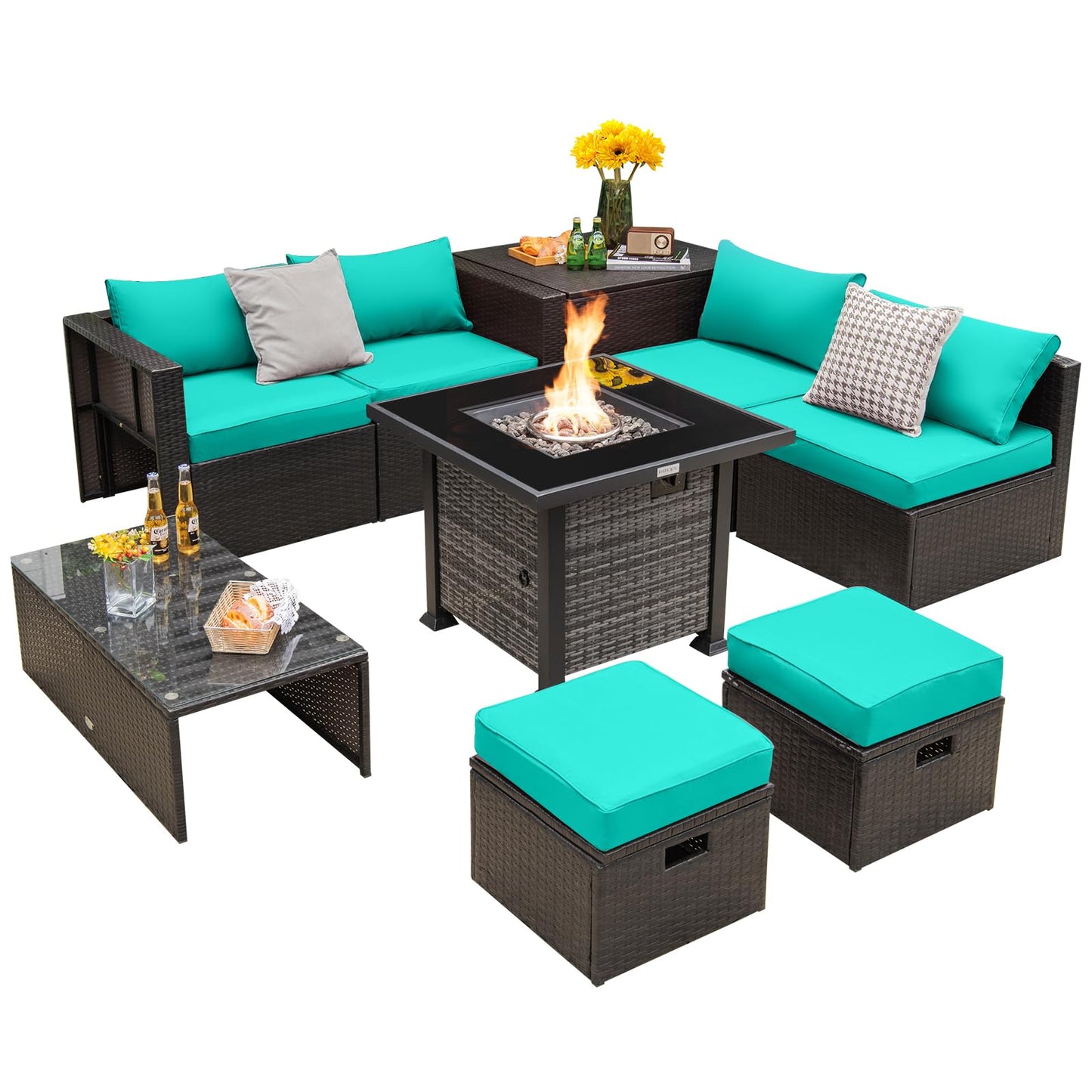 Tangkula 9 Pieces Patio Furniture Set with 50,000 BTU Propane Fire Pit Table - NP10618GR+HW68592DK+