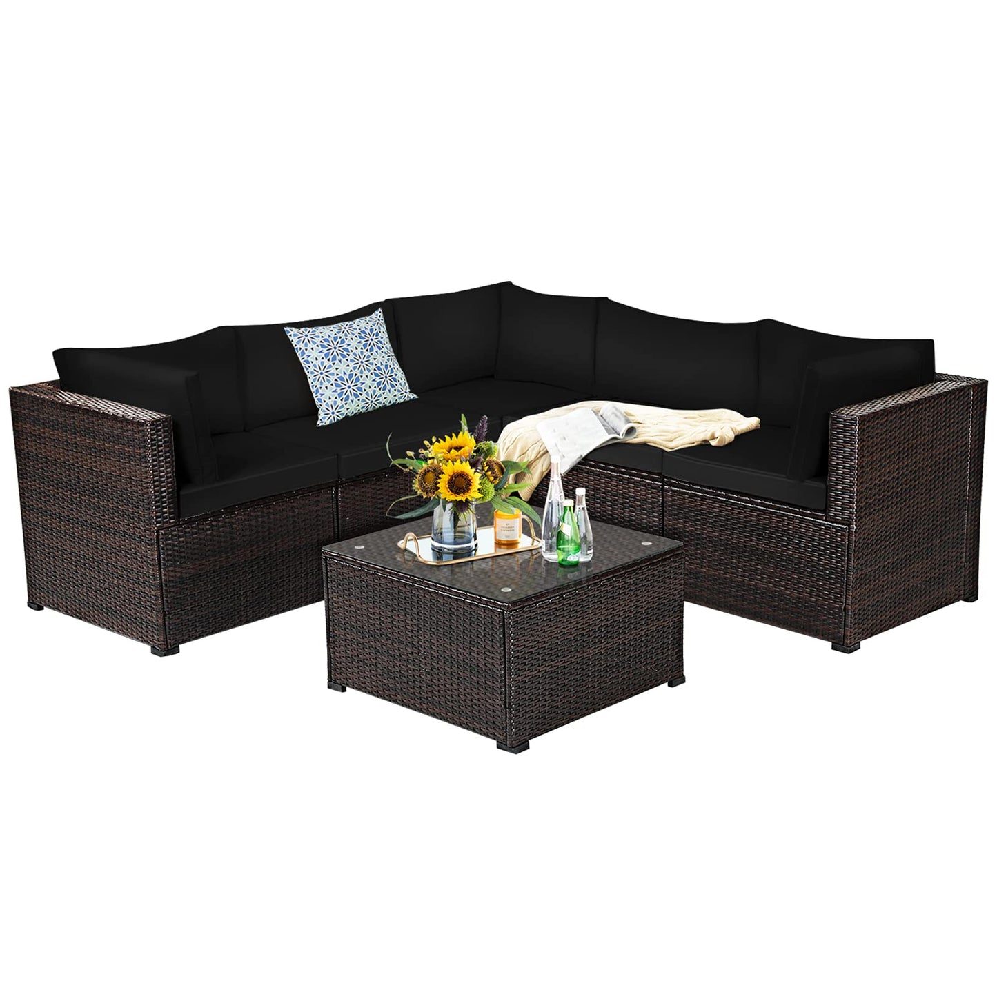 Tangkula 6 Pieces Patio Furniture Set, Outdoor Rattan Sofa Set, Wicker Conversation Set - HW68449WH+