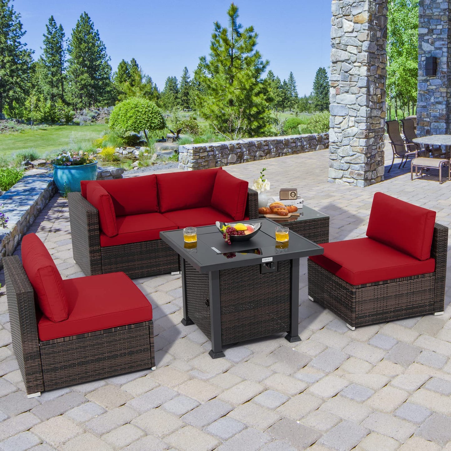Tangkula 6 Piece Patio Wicker Conversation Set, Outdoor Rattan Sofa Set - NP10618CF+HW68691BDK+