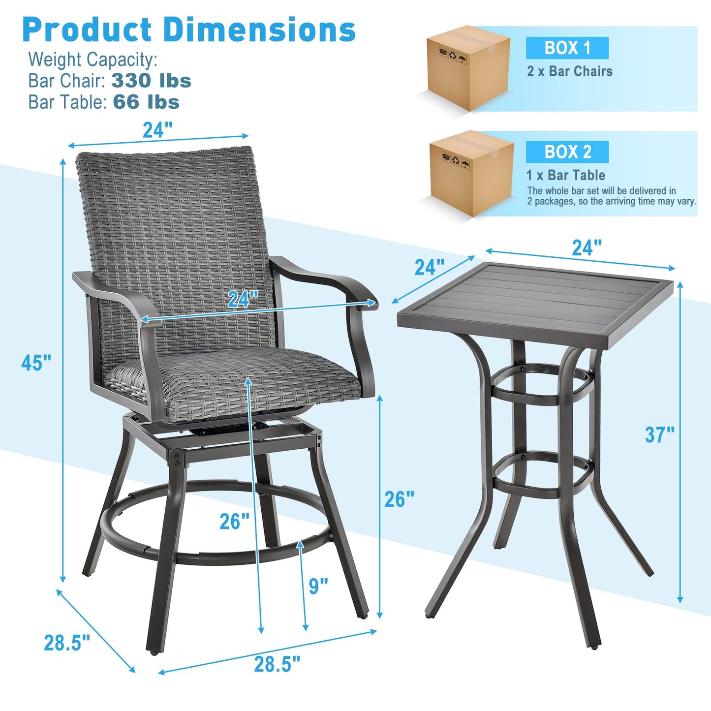 Tangkula 3 Pieces Swivel Bar Set, Aluminum Bar Height Furniture Set - NP10971+