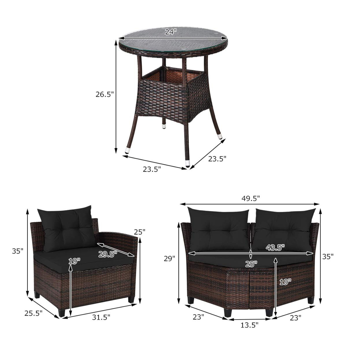 Tangkula 4-Piece Patio Furniture Set, C-Shape Outdoor Wicker Sectional Sofa Set - HW66920BK+