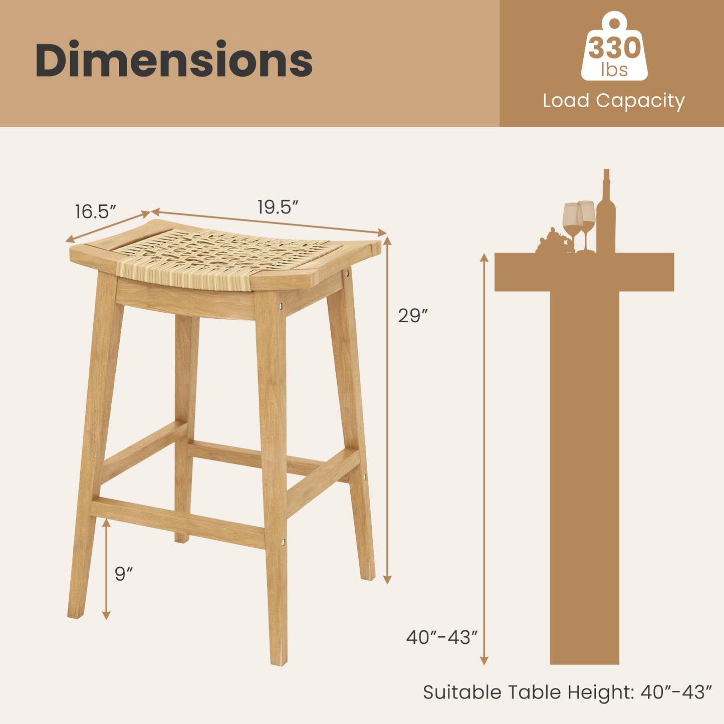 Tangkula Teak Wood Bar Stool, 29” Patio Rattan Barstool with Footrest & Saddle Seat - JV11905