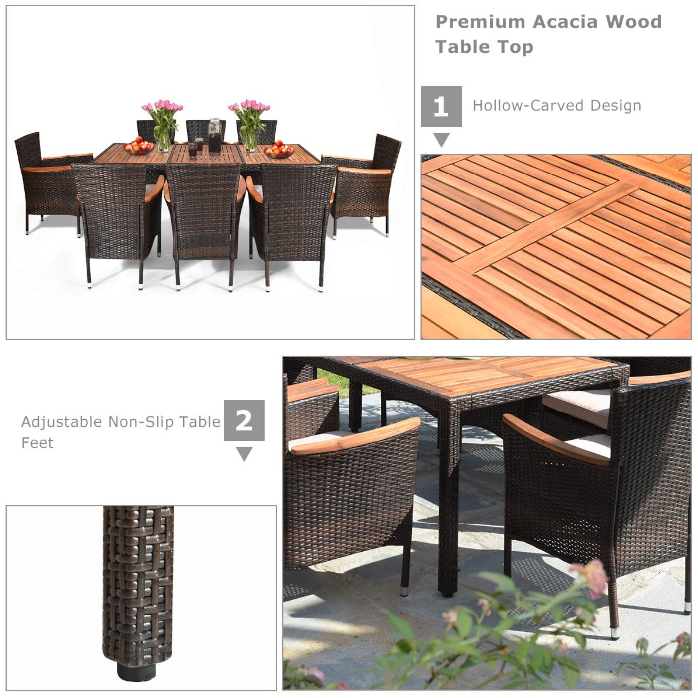 Tangkula 9 Piece Outdoor Dining Set, Garden Patio Wicker Set w/Cushions - HW63205+